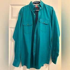 Teal George Strait wrangler shirt. 16 to 16 1/2“ collar. 34 inch sleeves.